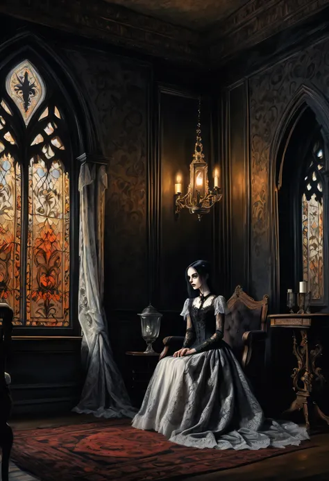 Gothic aesthetic illustration oil painting, mysterious atmosphere, Gothic elegance and intricate details, dim room, Elegant woman in a gothic dress, A scolding gaze, looking from the side, The delicate features of Gothic are emphasized., Ornate furniture a...