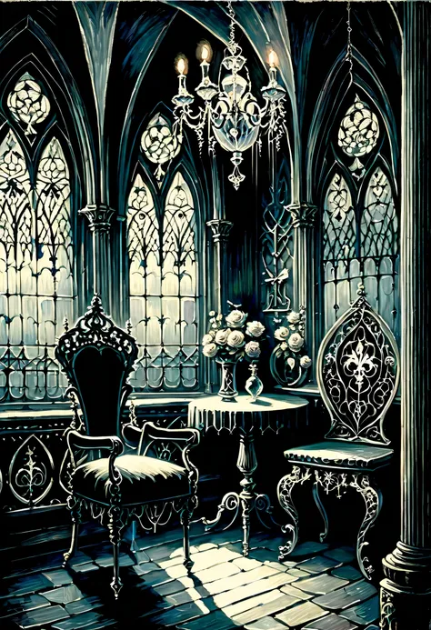 Gothic aesthetic illustration oil painting, mysterious atmosphere, Gothic elegance and intricate details, dim room, Elegant woman in a gothic dress, A scolding gaze, looking from the side, The delicate features of Gothic are emphasized., Ornate furniture a...
