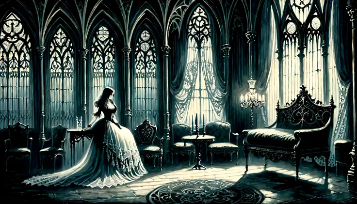 gothic aesthetic illustration oil painting, mysterious atmosphere, gothic elegance and intricate details, dim room, elegant woma...