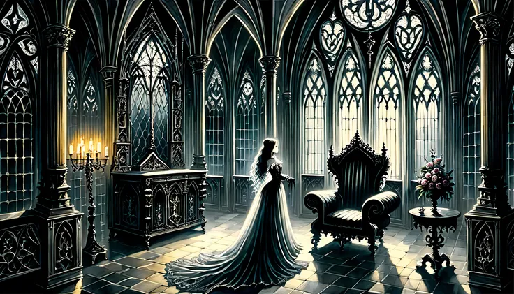 gothic aesthetic illustration oil painting, mysterious atmosphere, gothic elegance and intricate details, dim room, elegant woma...