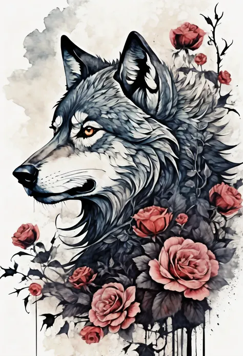 gothic aesthetic illustration ultra-fine madness, elegant work wolf with gothic pattern fur, sharp gaze upwards, the delicate fe...