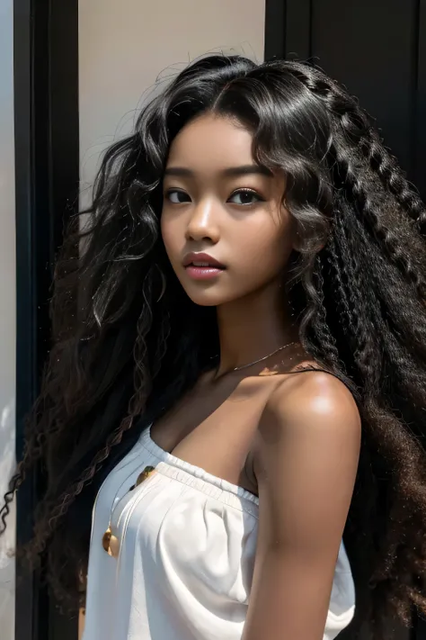 masterpiece, best quality, beautiful black and Asian mixed 19 year old, ebony skin female, long, frizzy, curly dark hair, perfect face, half body, long hair