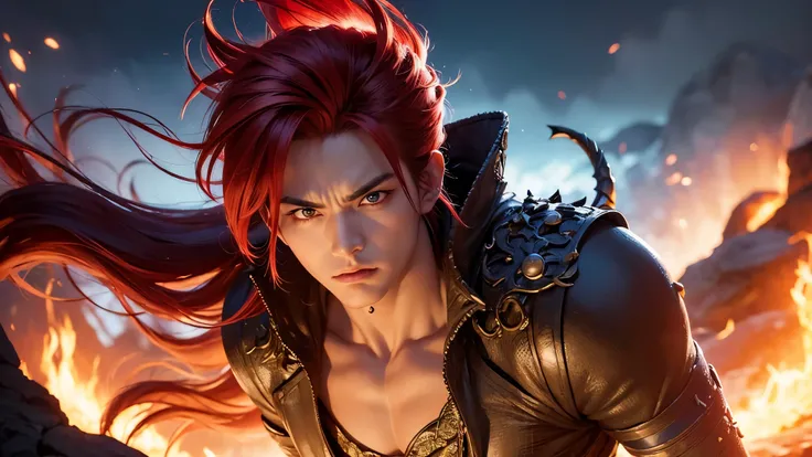 An 8k masterpiece, highest resolution, every detail, meticulous detail, depth of field, bright colors, beautiful composition: stunning take on an anime character Gohan with brilliant red hair and beautifully detailed glowing eyes, standing against a dark a...