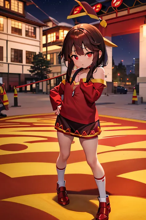 (better quality), [masterpiece], ((beautiful:0.75)  beautiful:0.75), [transparent and clean] , ((Megumin)), two, walk, night, brown hair, red skirt, red sweater, short hair, red eyes、stand with hands on hips、Low - Angle、white panties