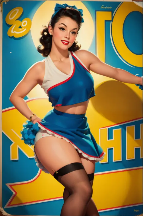 20 years old Girl in school gym, sexy Riverdale High School cheerleader outfit with blue and gold pom poms, medium breast, shining skin, dramatic lighting, pin up style, sexy, surprised, , colorful , masterpieces, illustrated, shining skin, detailed face, ...