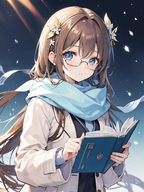 woman with flowers in her hair, long light brown hair、straight hair、light blue eyes、laughter、Not clear、warm appearance、coat、Scarf、Winter clothes、4 fingers, 1 thumb、Glasses、I read a book、study