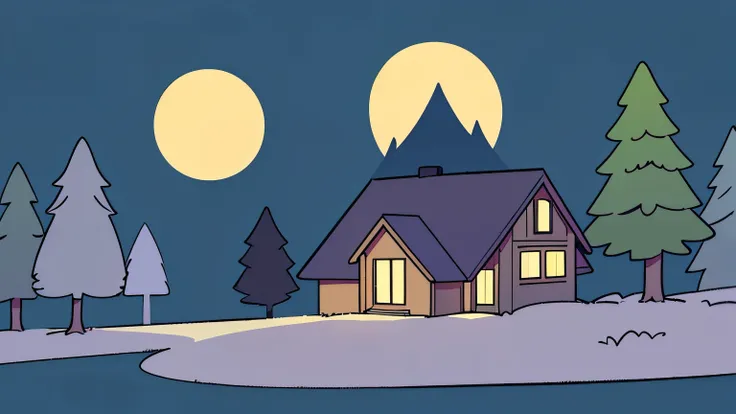 rural environment with a house and a pine tree in the background, night time, full moon shining, there is a 15 year old  in the front yard of the house, wearing a yellow hoodie, and a dark blue jacket. vector dwaring, vector style, 2d style, flat color sty...