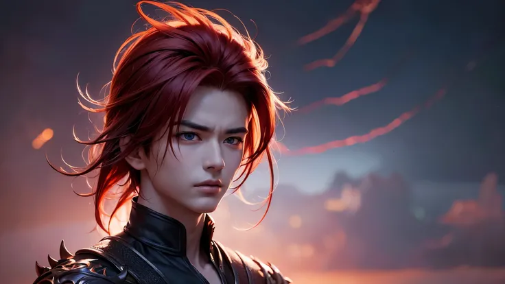 An 8k masterpiece, highest resolution, every detail, meticulous detail, depth of field, bright colors, beautiful composition: stunning take on an anime character Gohan with brilliant red hair and beautifully detailed glowing eyes, standing against a dark a...