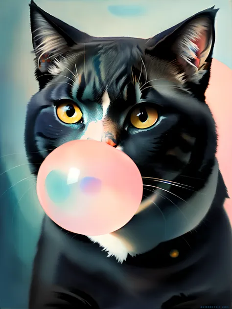 painting in the style, of a cat , navy_blue tones and pale highlights. blowing bubble gum, pink bubble gum