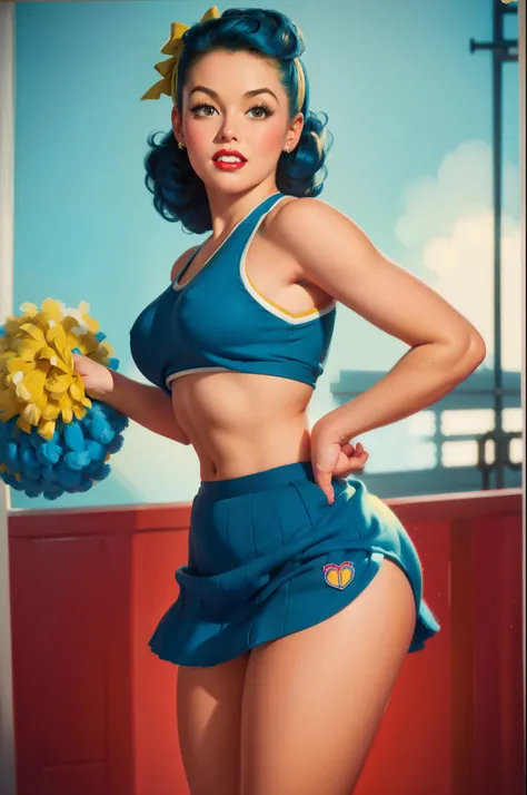 20 years old Girl in school gym, sexy Riverdale High School cheerleader outfit with blue and gold pom poms, medium breast, shining skin, dramatic lighting, pin up style, sexy, surprised, , colorful , masterpieces, illustrated, shining skin, detailed face, ...