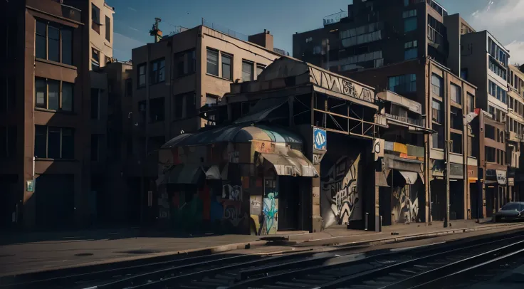 Urban street with an abandoned train station covered in graffiti from the cubist art movement