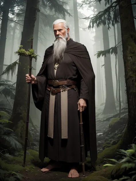 Elderly gentleman with a white beard(druid)(slender physique), wearing a dark brown robe, rope on a belt with herbs, plants and pouches hanging from it, leaning on his walking stick with a raven skull, standing in the gloomy forest