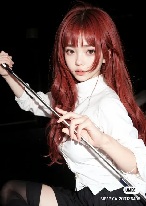 Mujer arafed con cabello rojo sosteniendo un par de tijeras., iu lee ji-eun como supervillano, erza scarlet as a real person, Park Shin Hye as a super villain, con el pelo largo y rojo, asuka langley sohryu, ulzzang, cruel korean gothic girl, Lalisa Manoba...