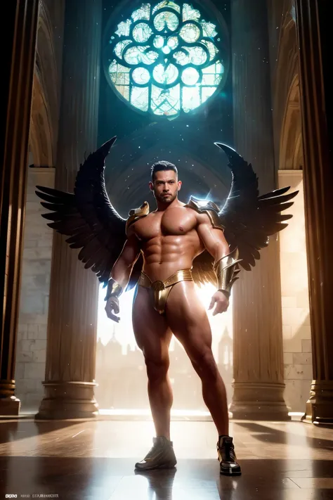 ultra high res, best quality, photo, 4k, (photorealistic:1.4), cinematic lighting, a male angel with large translucent wings,muscular man, abdominal muscle, wearing medieval gold armor, detailed feathers, cyberpunk environment, snow and  environment in the...