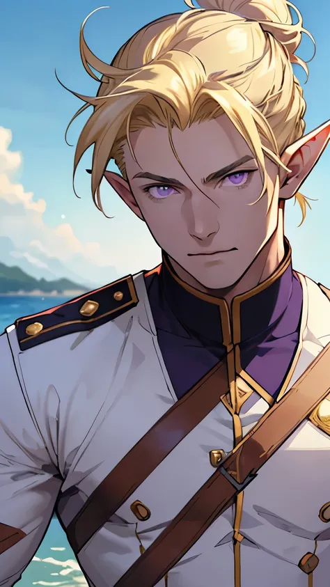 (masterpiece), best quality, high quality, 1 boy, beautiful face, handsome, sunlight, elf ears, pointy ears, handsome, blonde hair, bun hairstyle, purple eyes, soldier clothes, upper body, sea background, looking straight, purple eyes,