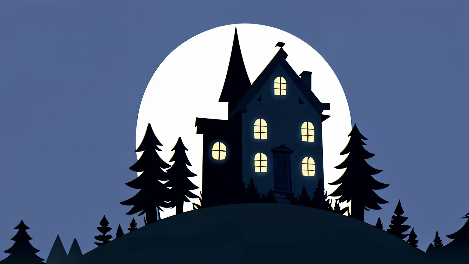 rural environment with a haunted house and a pine tree in the background, the night atmosphere feels horror and eerie, the full moon is shining, vector image, vector style, 2d style, flat color style