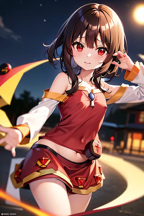 (better quality), [masterpiece], ((beautiful:0.75)  beautiful:0.75), [transparent and clean] pixiv (shape), ((Megumin)), two, walk, night, brown hair, black skirt, red sweater, short hair, red eyes、((sexy))、pointed nipples、belly button