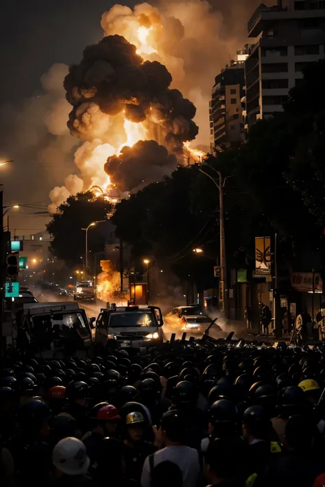 crie uma imagem de uma cidade metropolitana, where violent demonstrations broke out in the streets. As night falls, the city transforms into a dystopian landscape of destruction and despair. Carros incendiados bloqueiam as vias principais, creating mazes o...