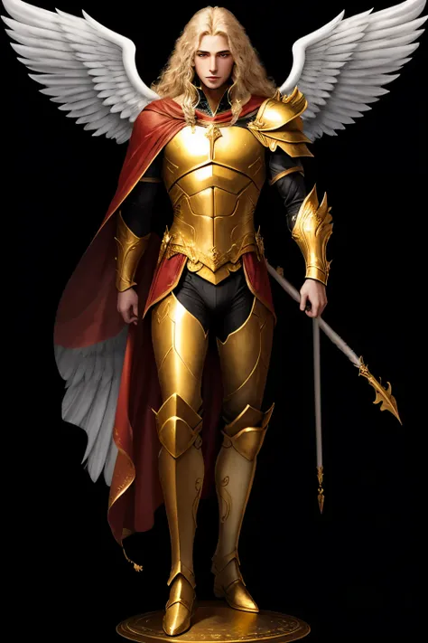 male angel with long golden hair with six white wings and dressed in black and golden armor with a red cape