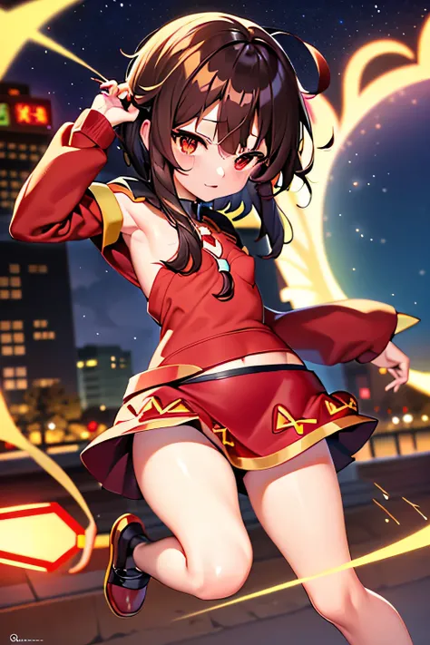 (better quality), [masterpiece], ((beautiful:0.75)  beautiful:0.75), [transparent and clean] pixiv (shape), ((Megumin)), two, walk, night, brown hair, black skirt, red sweater, short hair, red eyes、((sexy))、pointed nipples、