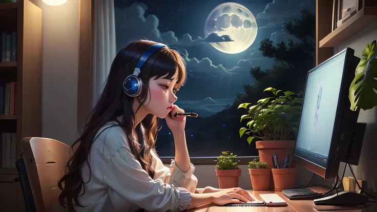 (((masterpiece))), (((highest quality))), ((Super detailed)) ((moonlight)) A neat girl looking at the night view,cute、22 years ago、headphone,Foliage plant,Work on a computer,landscape、profile、viewers watch from a distance、