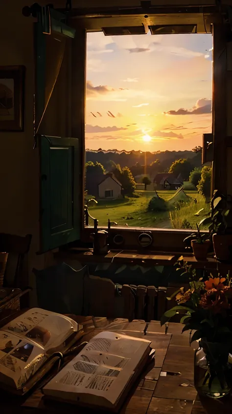 A beautiful sunset seen through the window of a country house