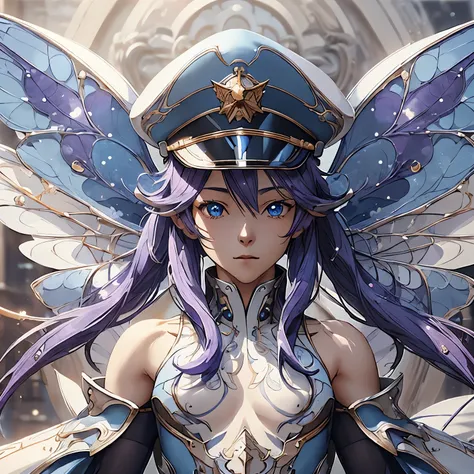 korean fairy girl, fairy wings, blue shoulders hair, left blue eye, purple right eye, cyborg,  wearing clothes and cap sea ​​cap...