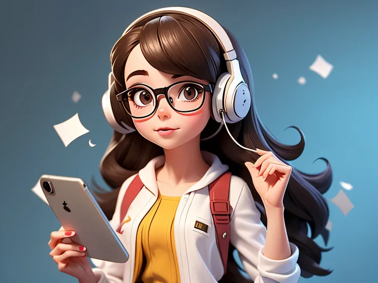 an matured looking senior high school girl who is using a headphone and smartphone to communicate with her friends. she has shoulder level, brown, straight hair and glasses.