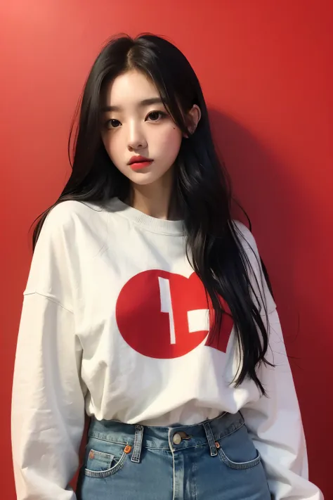 Chica coreana ulzzang de cabello largo y rubio, con sudadera roja y jeans anchos