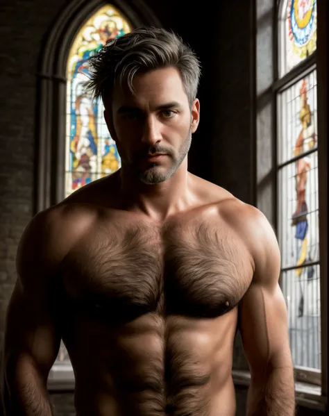 masterpiece, best quality, high resolution, closeup portrait, male focus, solo focus, A man, 45 years old, with priest uniform, priest clothes, priest father, silver grey hair, messy hairstyle, cute and seductive face, bare chest, body hair, facial hair, r...