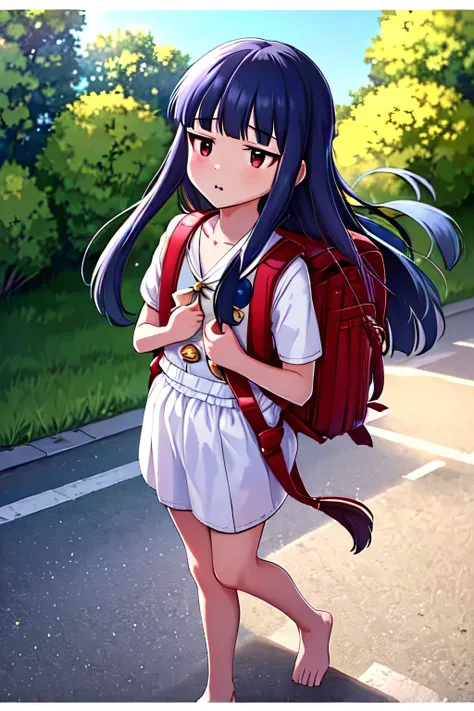 , yukimi, 10., long hair, dull bangs, flat chest, No expression, shy, whole body, highest quality, wearing burmese navy, short sleeve (White gym uniform with colored hems:1.3), carry (randoseru backpack:1.4), barefoot, at the park,