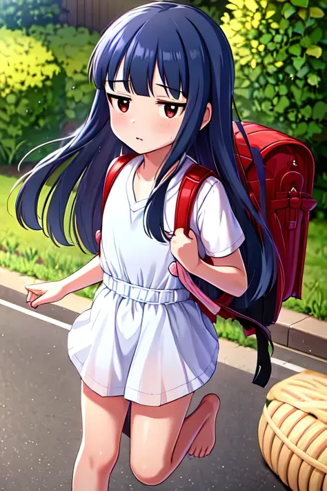 , yukimi, 10., long hair, dull bangs, flat chest, No expression, shy, whole body, highest quality, wearing burmese navy, short sleeve (White gym uniform with colored hems:1.3), carry (randoseru backpack:1.4), barefoot, at the park,