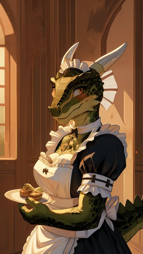 anime, hdr, soft light, ((best quality)), ((masterpiece)), (detailed), lustyargonian, maid, colored skin, green skin, maid headd...