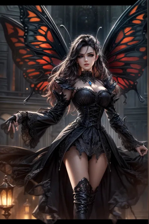 high details, best quality, 16k, RAW, [best detailed], masterpiece, best quality, (extremely detailed), full body, ultra wide shot, photorealistic, dark fantasy art, goth art, RPG art, D&D art, a picture of a dark female fairy in a goth church extremely be...