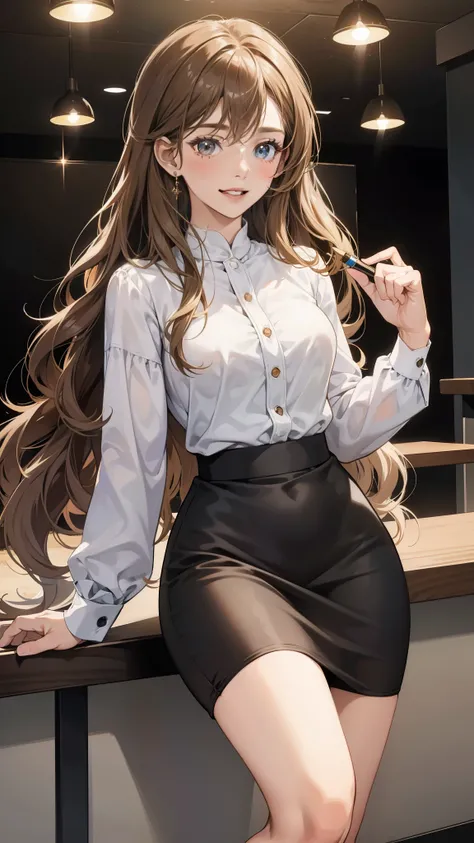 Masterpiece of an anime image, best quality rendering, highly detailed depiction, showcasing a solo teenage girl with a radiantly happy expression. Her long, brown, wavy hair cascades down her shoulders, framing her beautiful, hazel eyes. The office lady o...