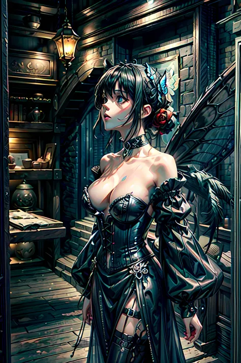 high details, best quality, 16k, RAW, [best detailed], masterpiece, best quality, (extremely detailed), full body, ultra wide shot, photorealistic, dark fantasy art, goth art, RPG art, D&D art, a picture of a dark female fairy in a goth church extremely be...