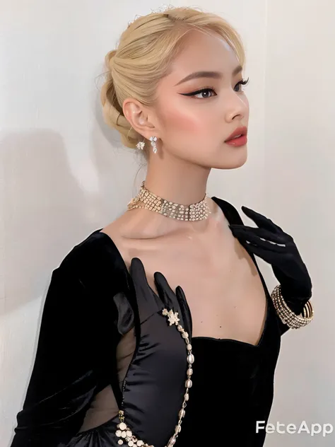 Mujer arafed con un vestido negro, perlas y un collar., Steven Meisel, inspirado en Jennie Blackpink, madonna gender bending elegant, estilo cristiano dior, inspirado en Marie-Gabrielle Capet, 50s vibes, se parece a audrey hepburn, inspirado en conejito ye...