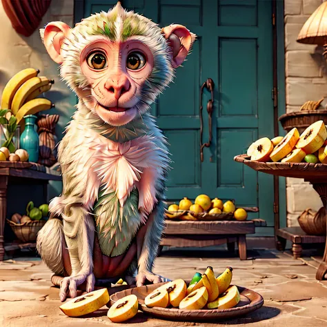 humanoid ((( monkey ))) , ( king ) , (( monkey fur )) , ( sun wukong) wearing a golden crown, sunglasses and ( monk red outfit ) , ( grilling bananas) , ( banana barbicue) , ( grill ) , ( party, monks) , beach , palms, UnrealEngine5 Ultra Masterpiece Cinem...