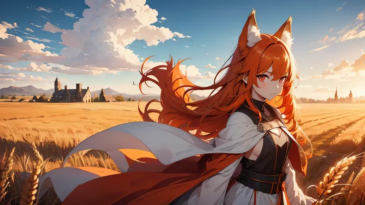 Beautiful girl with orange hair, Rote Augen, Wolfsohren, Wolf tail with white tip, mittelalterliches Kleid, Weizenfelder, mittelalterliche Stadt im Hintergrund, blauer Himmel mit wenigen kleinen Wolken