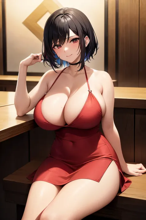 (Modern anime art style:1.2), 1 woman, sitting at a bar, red dress with a (square neckline), smiling, bushing, drunk, short black hair, bangs, (sliding a hand up her dress:1.2), (touching her leg hand on her leg:1.2), masterpiece, best quality, official ar...