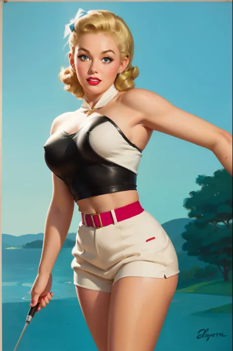 20 years old Girlplaying golf in sexy clothes, medium breast, shining skin, dramatic lighting, pin up style, sexy, surprised, , colorful , masterpieces, ilustrated, shining skin, detailed face, Medium breast. tight body. blonde hair, Illustrated BY Zoe Moz...