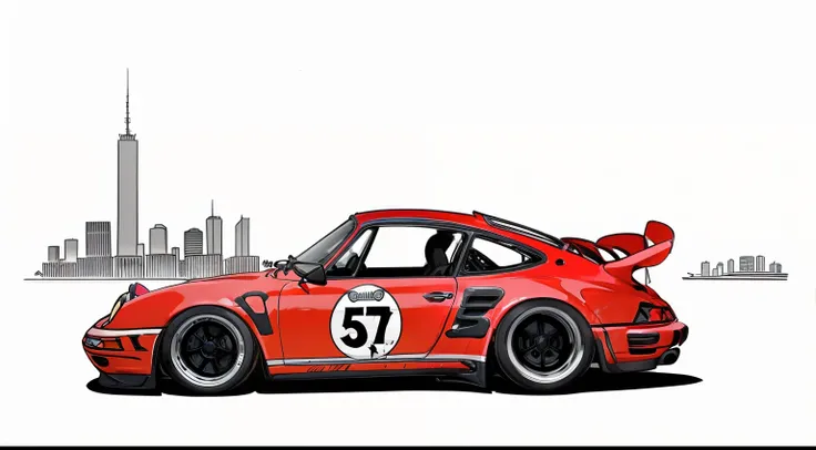 nvinkpunk, painting of a city with a flat red colored  porsche 911 rwb rotting,wide bodykit, large wheels, high quality,