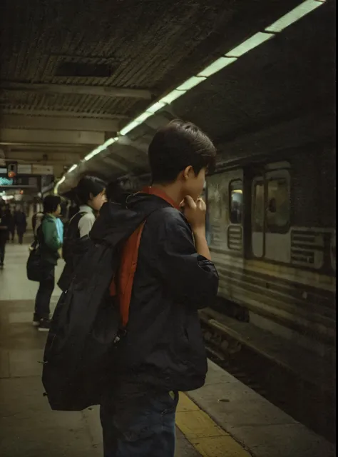 A cute Korean boy age 14 years old looking for his train opposite side of the camera 