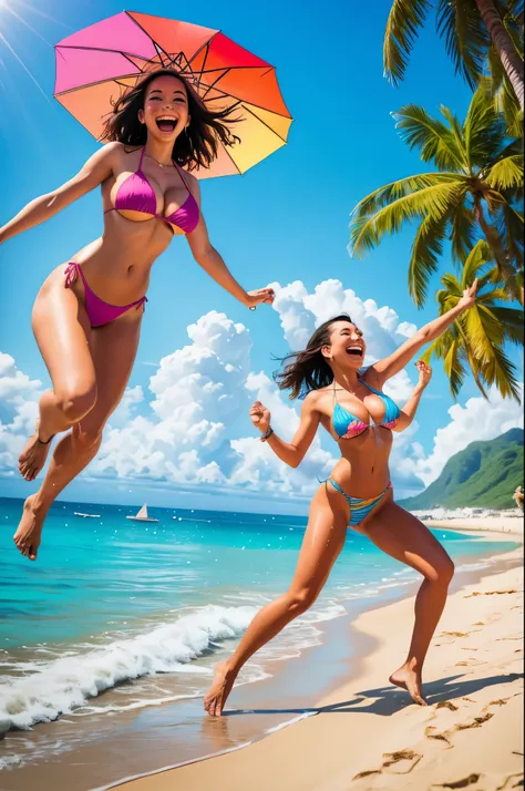 (best quality, highres, realistic:1.37), beach, crowded, sexy woman, bikini, modest attempt, puppy, stolen bikini top, chasing, bright sunlight, ocean waves, sand, laughter, happy faces, colorful umbrellas, sun-kissed skin, summer vibes, carefree atmospher...