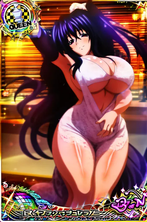 best quality, ultradetailliert, Realistisch, hdr, UHD, Fachmann, lebendige Farben, scharfer Fokus, bokeh, Akeno, Highschool dxd, lush figure, Big , curvy body, schwarzes Haar, lila Augen, Reine Haut, In der Dusche, Handtuch, Queen card, slight smile