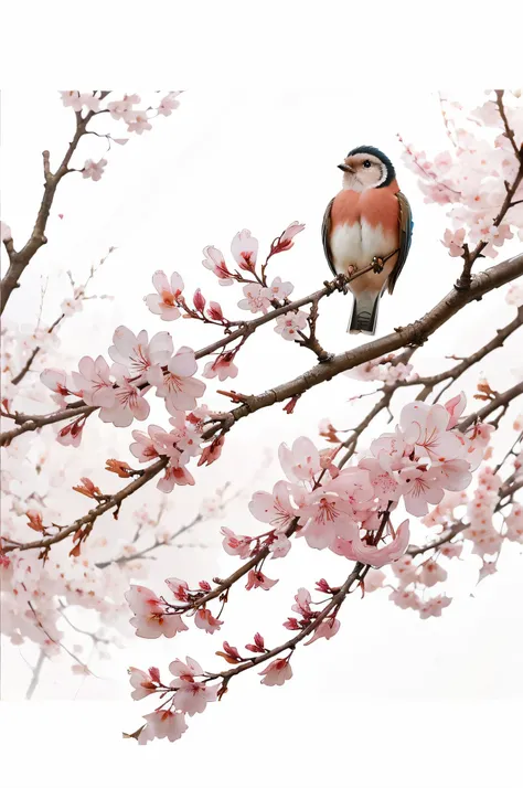 Watercolor painting  beautiful birds in a cherry blossom branch with watercolors capturing the fluidity and translucence of the medium