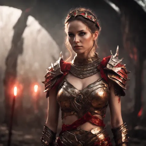 (ultra-realistic),dark fantasy and sci-fi, ultra-realistic photo, ancient woman, 30 years old, strong, beutyfull ancient goddess of war in futuristic world, glowin eyes, wearing transparent tunic and armor, bloody and red and black and gold ornaments, swor...