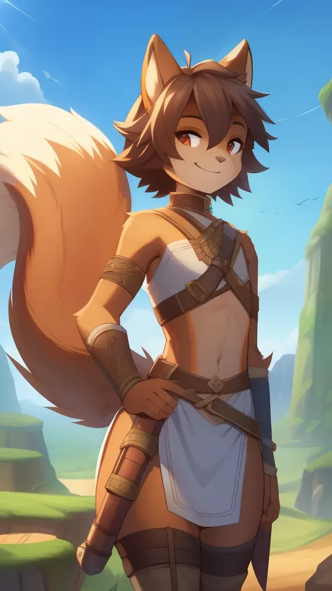 best quality, super detailed illustration, (fluffy squirrel boy:1.4) , feminine face and body, disheveled thick hair, adventurer...