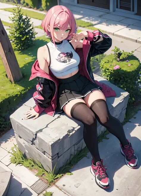 ((masterpiece, best quality, high resolution)), expressive eyes, perfect face, solo, 1boy, android, pink hair, short hair, green eyes, femboy, crop-top, flat chest, thick thighs, fit, athletic, skirt,black thighhighs, sneakers, sitting