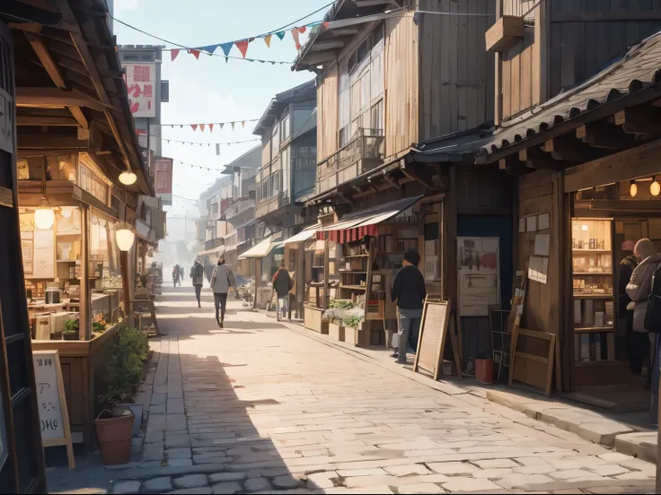 Background, Isekai market, very wide road, various medevial stalls, cobblestone floor, rough floor, ((day)),  ((wide vibrant colour range)), rich details, beautiful illustration, digital drawing, Natural human perspective in an isekai ancient capital town,...